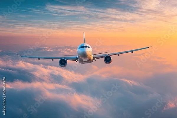 Fototapeta Jetliner soars through a colorful sunset sky above clouds