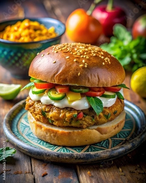 Fototapeta Photo of a mouthwatering gourmet burger overflowing with fresh ingredients like lettuce, tomato, cucumber, jalapenos, and melted cheese, served on a sesame seed bun