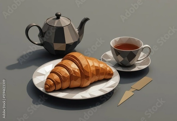 Fototapeta  Abstract Breakfast A unique and modern interpretation of a croissant and tea set using geometric shapes and patterns.