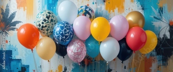 Fototapeta  A striking arrangement of helium balloons with geometric patterns against an abstract art background.