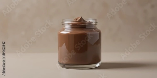 Fototapeta  A minimalist composition featuring a square glass jar filled with creamy vegan chocolate pudding, presented in a palette of muted