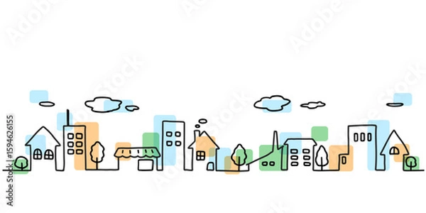 Obraz 街並みのシンプルな手描き線画イラスト　カラー付き