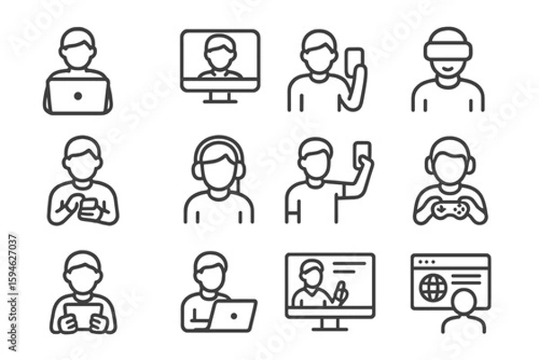 Fototapeta Diverse digital interaction icons featuring various devices and activities