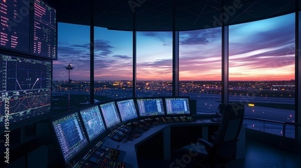 Fototapeta Twilight Control Tower: An atmospheric image of an air traffic control tower, filled with glowing screens and displays, overlooking a city as twilight descends.