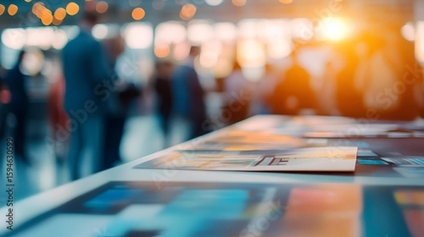 Fototapeta Blurred Exposition: A shallow focus shot of a conference table with printed marketing materials, a sea of individuals interacting in the unfocused background creating a sense of buzz.