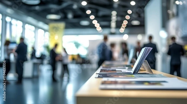Fototapeta Modern Business Exhibition: A contemporary exhibition space filled with professionals interacting near informational materials. capturing an atmosphere of networking and information exchange.