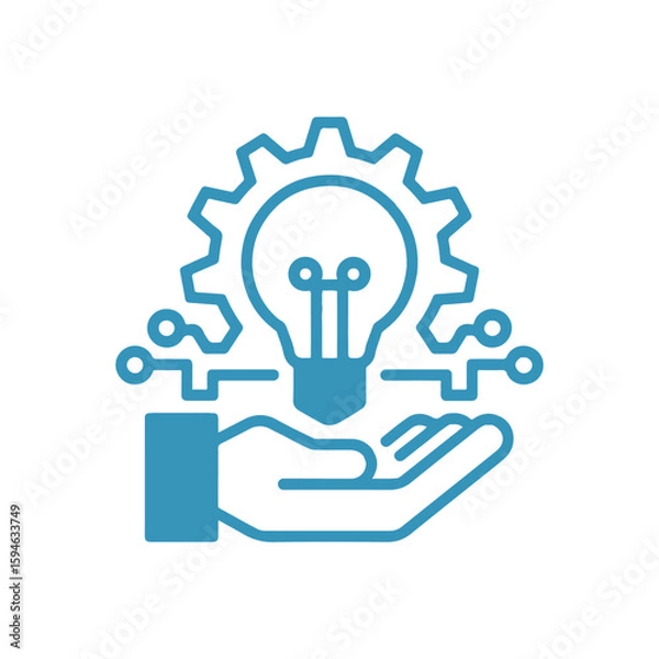Fototapeta Blue hand holding light bulb with gear and circuit lines