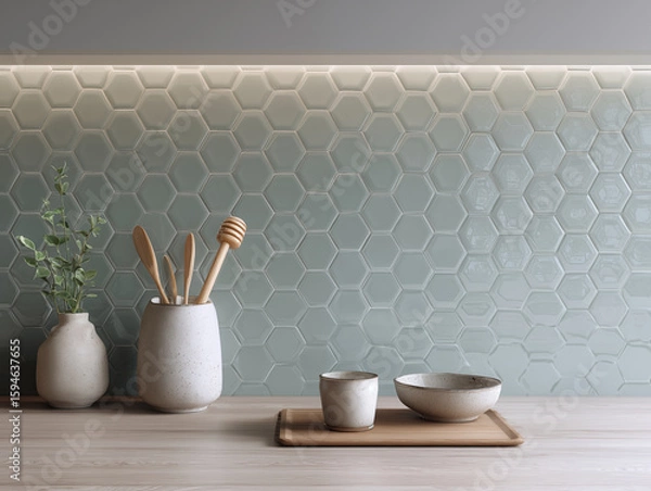 Fototapeta hexagonal tile backsplash, soft ambient light, ultra-clean minimal setting