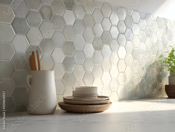 Fototapeta sage hexagonal tile backsplash, soft ambient light, ultra-clean minimal setting