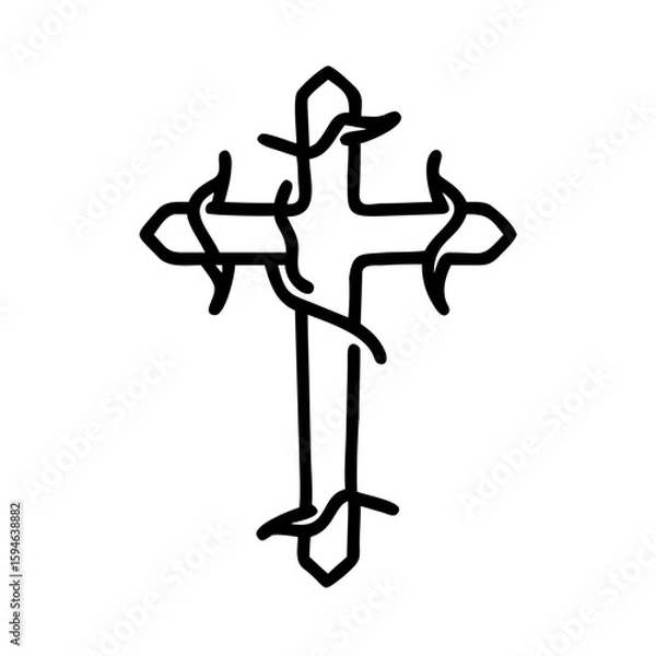 Fototapeta Cross with thorns illustrated in simple black line art  
