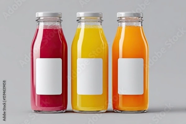 Obraz Three glass bottles of juice, various colors, with blank labels