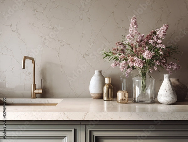 Fototapeta Smooth quartz slab backsplash in soft taupe tone, subtle marbling and edge detailing