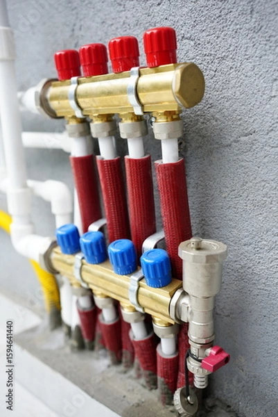 Fototapeta Distribution manifold  , direct and return lines, with copper collector and red  pipes