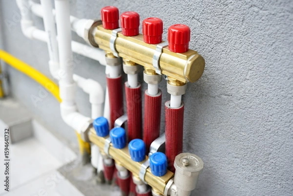 Fototapeta modern collector for heating on the balcony with copper collector and red pipes