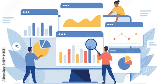 Fototapeta Team Analyzing Data on Multiple Screens with Charts, Graphs, and Magnifying Glass