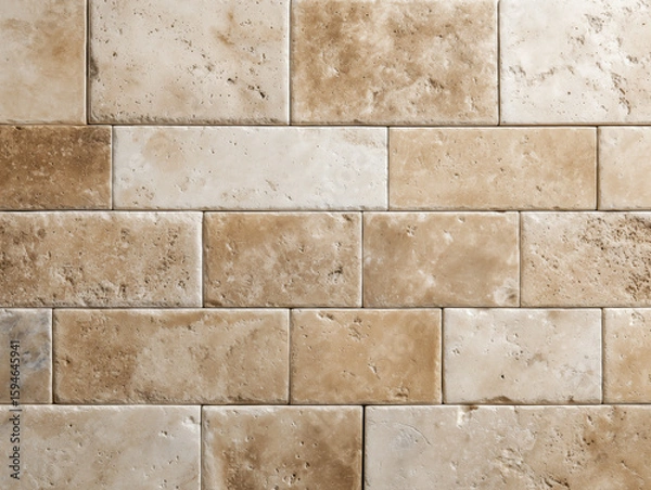 Fototapeta Travertine backsplash with honed finish, neutral beige tones and visible natural pitting