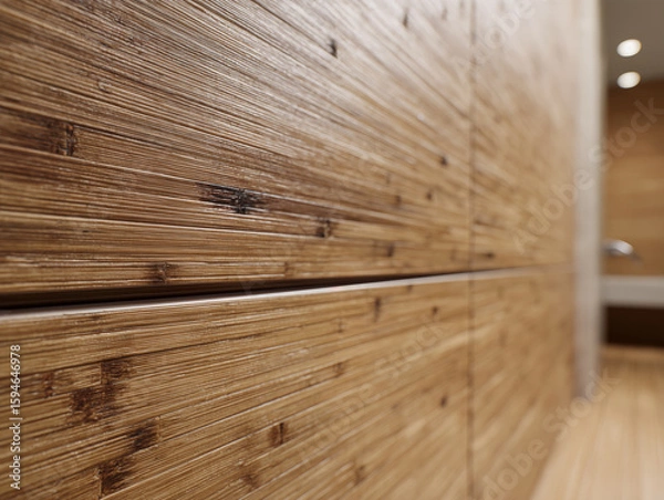 Fototapeta Ultra-detailed close-up of bamboo panel backsplash with horizontal grain and soft matte finish