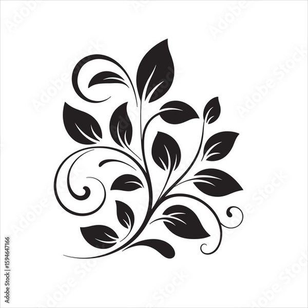 Fototapeta Black floral design with swirls and leaves on a white background art