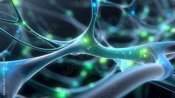 Fototapeta Abstract organic network with glowing nodes, transparent curved lines, and smooth gradients in green and blue, representing biotechnology, connectivity, or futuristic technology systems.