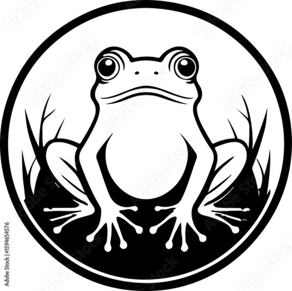 Fototapeta Amphibian Frog Circle Design: A striking black and white circular design featuring a stylized frog with large eyes, seated amidst grass, enclosed in a thick outline.