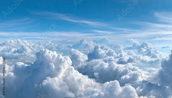 Fototapeta Panoramic view of fluffy white clouds scattered across a vast, vibrant blue sky