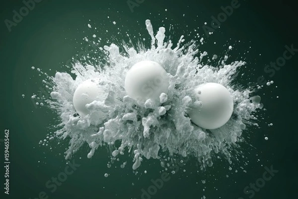 Fototapeta Three white spheres exploding in a cloud of white splatter against a dark teal background