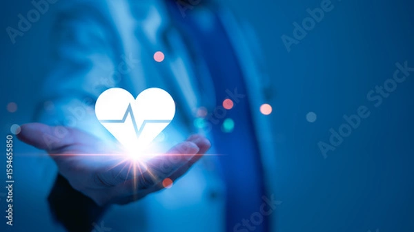 Fototapeta Stateoftheart Medical Technology A Glowing Heart Symbol, Representing Wellbeing And Healthcare Against A Vibrant Blue Background With A Heartbeat, Showcasing Future Medical Advancements