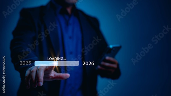 Fototapeta Futuristic Interface Person In Suit Reaching Towards Loading Bar, Symbolizing Innovation Anticipation Of 2025 to 2026, With Ml At The Beginning Of A New Era
