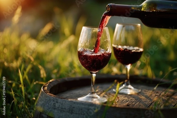 Fototapeta Red wine being poured into two glasses outdoors,  rustic setting.  Sunlight bathes the scene