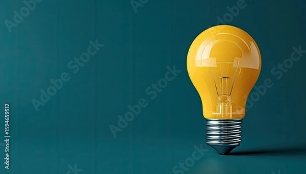 Fototapeta A single, vibrant yellow lightbulb rests on a teal-blue background.  The bulb is glossy and well-lit, emphasizing its incandescent quality.  The metallic base is subtly detailed