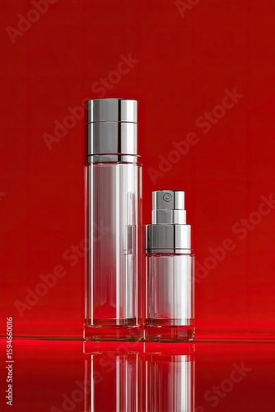 Fototapeta Two clear cosmetic bottles, one larger than the other, with silver caps,  stand on a reflective red surface
