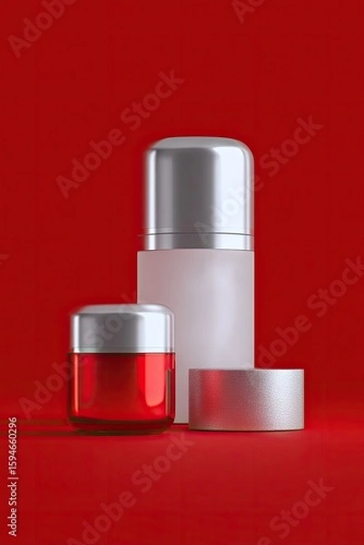 Fototapeta Three cosmetic containers,  red and silver, on a red background