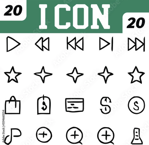 Obraz Hand Drawn Icon Set with Play Buttons Stars Shopping and More