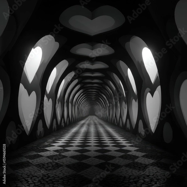 Fototapeta A long, dark tunnel lined with heart-shaped arches