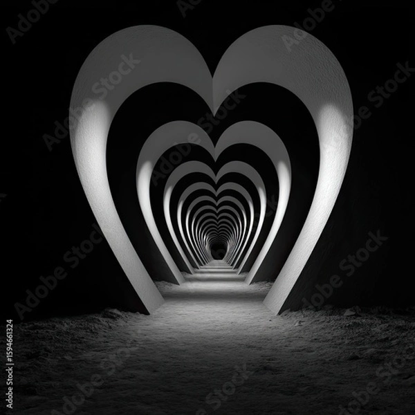 Fototapeta A grayscale tunnel of concentric heart shapes