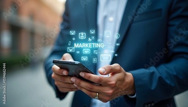 Fototapeta Geschäftsmann mit Smartphone und virtuellem Marketing-Panel bei Nacht