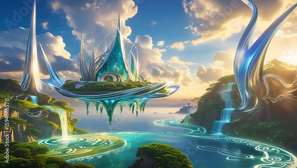 Fototapeta Majestic Glowing Floating Island in Fantasy-Inspired Sky with Ethereal Light and Magical Landscape