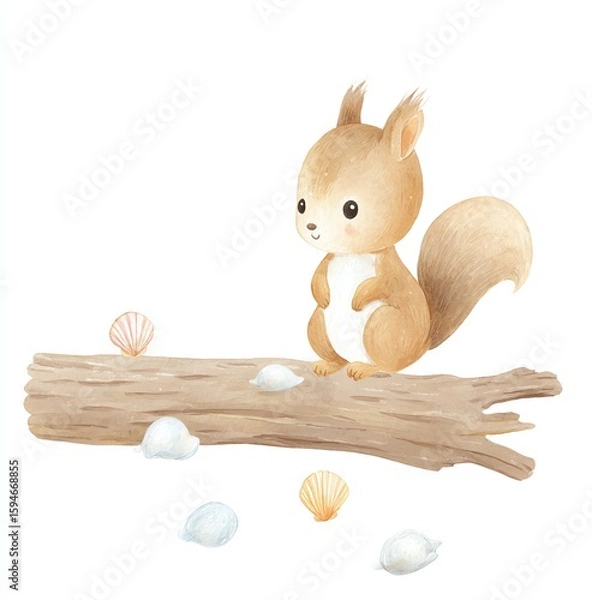 Fototapeta Cute Squirrel on Driftwood with Seashells