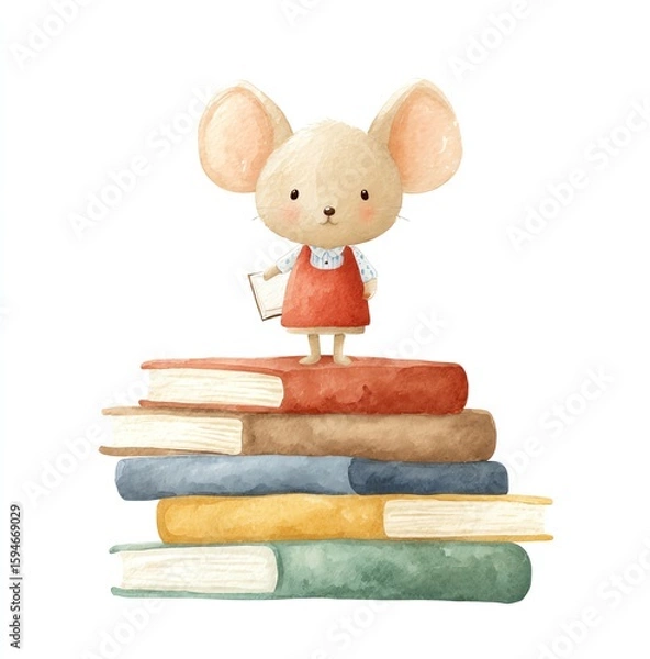 Fototapeta Cute Mouse Reading on Stack of Books