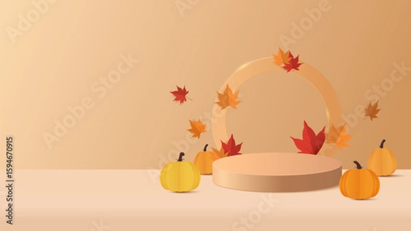 Fototapeta Autumn banner background. Autumn sale podium for product display presentation with red, yellow maple leaves and ornament on the stage. Stand product showcase for promotion, product sale