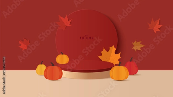 Fototapeta Autumn banner background. Autumn sale podium for product display presentation with red, yellow maple leaves and ornament on the stage. Stand product showcase for promotion, product sale
