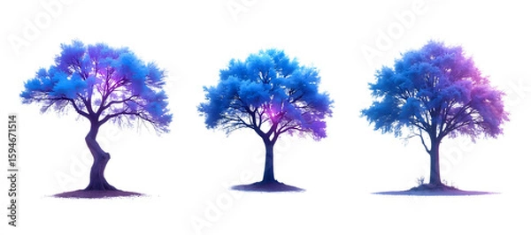 Fototapeta Three stylized trees with vibrant blue and purple glowing foliage against a black background