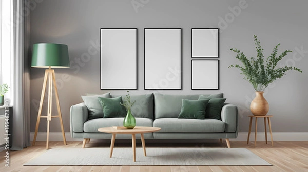 Fototapeta Home Interior Mock-Up with Gray Sofa, Wooden Floor Lamp, and Green Vase – Minimalist Bright Living Room Design, 3D Render.