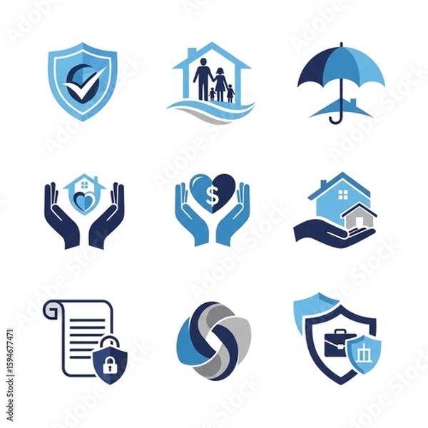 Fototapeta Collection of various insurance and protection related graphic icons in blue.