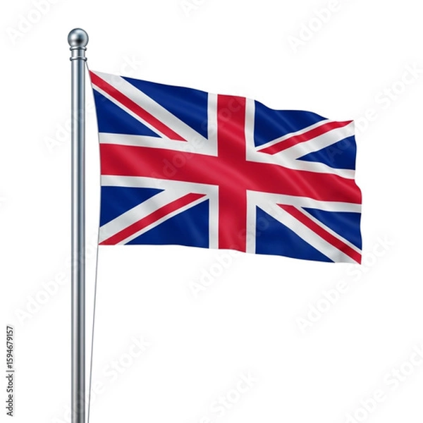 Fototapeta The Union Jack flag, a symbol of the United Kingdom, waving on a silver flagpole against a white background.