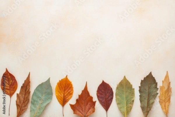 Fototapeta Bunte Herbstblätter in einer Reihe am unteren Rand auf hellem Hintergrund – perfekt für saisonale Designs mit Textfreiraum. Generative KI