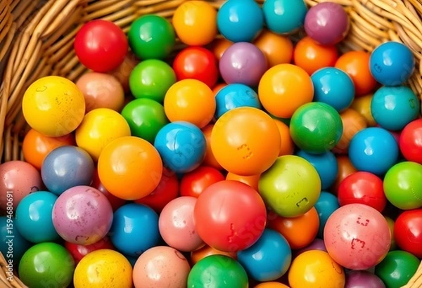 Fototapeta Colorful balls in a matching-color basket, child's game,  play,  texture