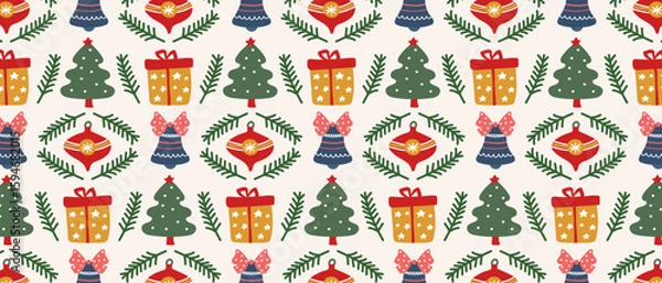 Fototapeta Pattern with Christmas tree, gift box and hanging decoration with bell. Festive background for winter holiday.