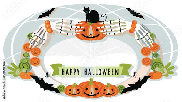 Obraz Happy halloween themed oval wreath with pumpkins, bats, skeleton hands, and a black cat on top