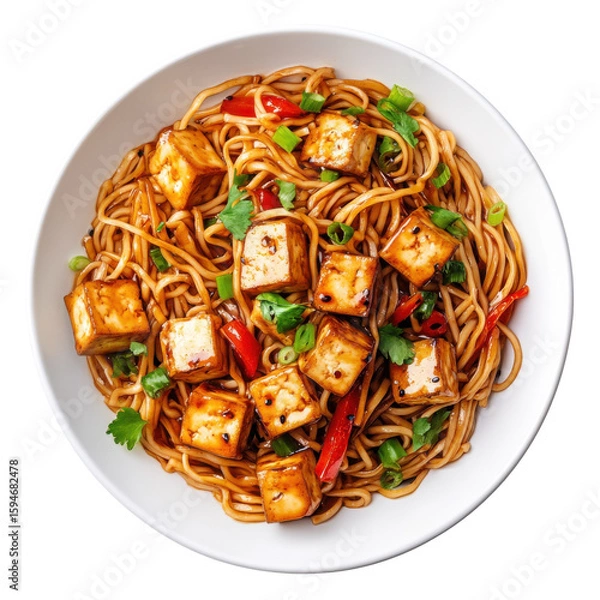 Fototapeta Delicious Tofu Noodle Stir-Fry with Vegetables in a Bowl on transparent background